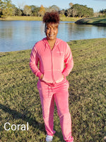 60% cotton + 40% polyester -- Soft, comfortable and breathable, perfect for spring, fall and winter. Velour fabric outfit tracksuit set include: hoodie & sweatpants - Hoodie: full zip-up hoodie, 2 half-kangaroo pocket design is convenient for storage, long sleeve and ribbed cuff, drawstring tie to adjust to grasp the comfort. 2 slant pockets and 2 back velcro flap pockets, drawstring tie can be adjusted when it’s too tight for you belly.