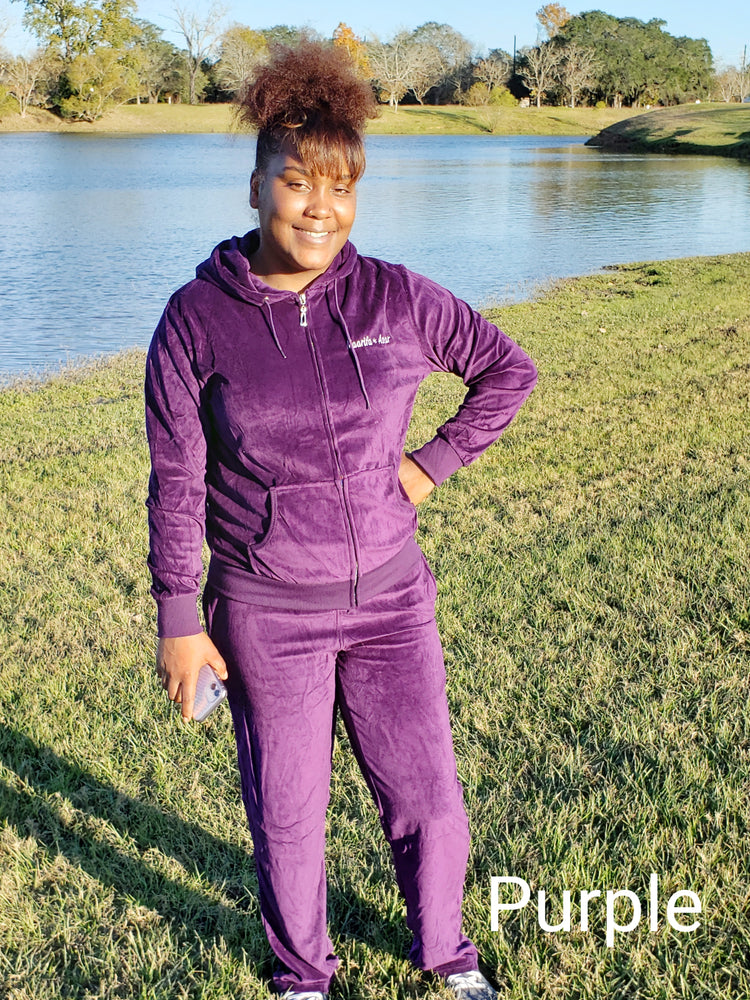 
                  
                    Load image into Gallery viewer, 60% cotton + 40% polyester -- Soft, comfortable and breathable, perfect for spring, fall and winter. Velour fabric outfit tracksuit set include: hoodie &amp;amp; sweatpants - Hoodie: full zip-up hoodie, 2 half-kangaroo pocket design is convenient for storage, long sleeve and ribbed cuff, drawstring tie to adjust to grasp the comfort. 2 slant pockets and 2 back velcro flap pockets, drawstring tie can be adjusted when it’s too tight for you belly.
                  
                