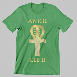 
                  
                    Load image into Gallery viewer, Special Embroidered Patch Ankh Life design Unisex tee 4.5 oz. (US) 7.5 oz (CA), 100% preshrunk ring spun cotton/polyester t-shirt, semi-fitted, high stitch density, seamless double needle 3/4&amp;quot; collar, taped neck and shoulders, rolled forward shoulders, double needle sleeve and bottom hems, quarter-turned to eliminate center crease.
                  
                