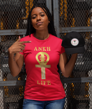 
                  
                    Load image into Gallery viewer, Special Embroidered Patch Ankh Life design Unisex tee 4.5 oz. (US) 7.5 oz (CA), 100% preshrunk ring spun cotton/polyester t-shirt, semi-fitted, high stitch density, seamless double needle 3/4&amp;quot; collar, taped neck and shoulders, rolled forward shoulders, double needle sleeve and bottom hems, quarter-turned to eliminate center crease.
                  
                