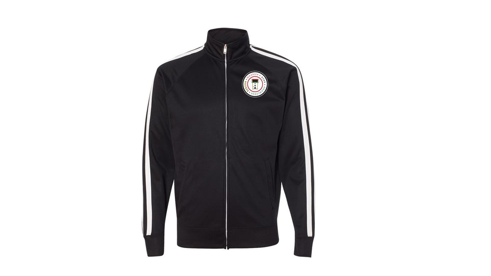 
                  
                    Load image into Gallery viewer, 6.5 oz, 100% polyester fleece Track Jacket; Regular fit; Two stripes down raglan sleeves; 1x1 ribbing at cuffs &amp;amp; waistband; Coil kissing zipper; Twill neck tape; Media pocket and eyelet.
                  
                