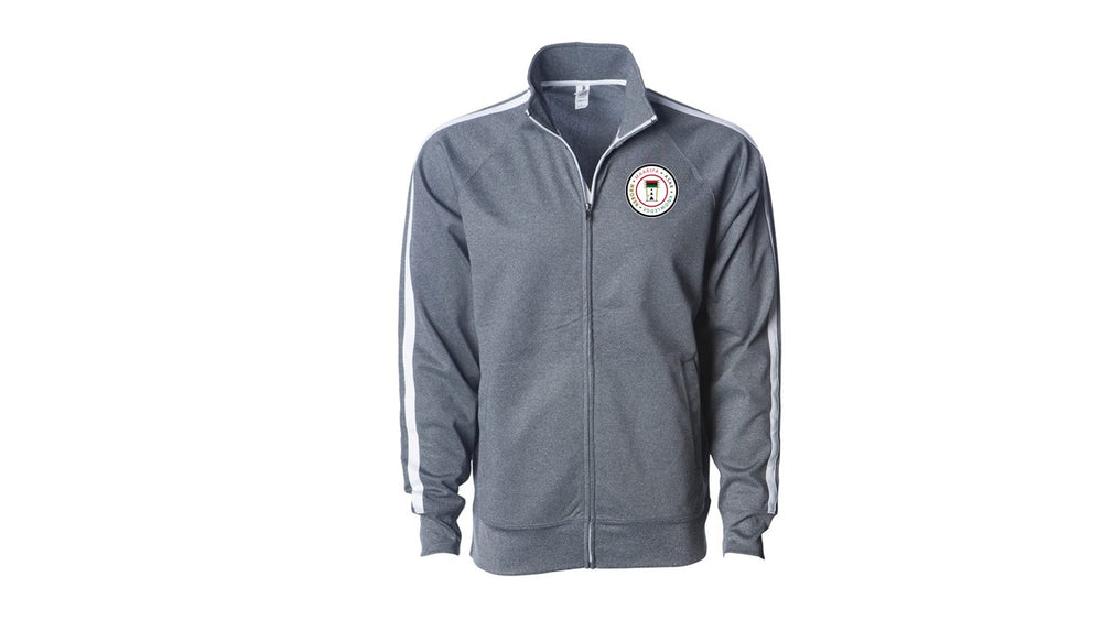 6.5 oz, 100% polyester fleece Track Jacket; Regular fit; Two stripes down raglan sleeves; 1x1 ribbing at cuffs & waistband; Coil kissing zipper; Twill neck tape; Media pocket and eyelet.