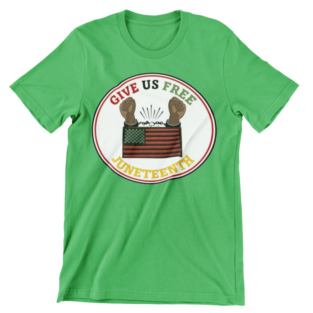 
                  
                    Load image into Gallery viewer, Special Embroidered Patch Juneteenth Unisex T-shirt 4.5 oz 7.5 (US) 100% preshrunk ring spun cotton/polyester t-shirt, semi fitted, high stitch density, seamless double needled 3/4&amp;quot; collar, taped neck and shoulders, double needled sleeve and bottom hems.
                  
                
