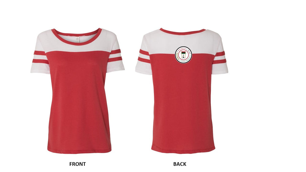 
                  
                    Load image into Gallery viewer, Women&amp;#39;s Vintage 50/50 Jersey Stadium Tee 4.4 oz, 50/50 cotton/polyester, 20 singles, Relaxed fit, Open neckline with vintage athletic detailing on sleeves, seam across chest, clean, contemporary color blocking.
                  
                
