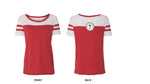 Women's Vintage 50/50 Jersey Stadium Tee 4.4 oz, 50/50 cotton/polyester, 20 singles, Relaxed fit, Open neckline with vintage athletic detailing on sleeves, seam across chest, clean, contemporary color blocking.